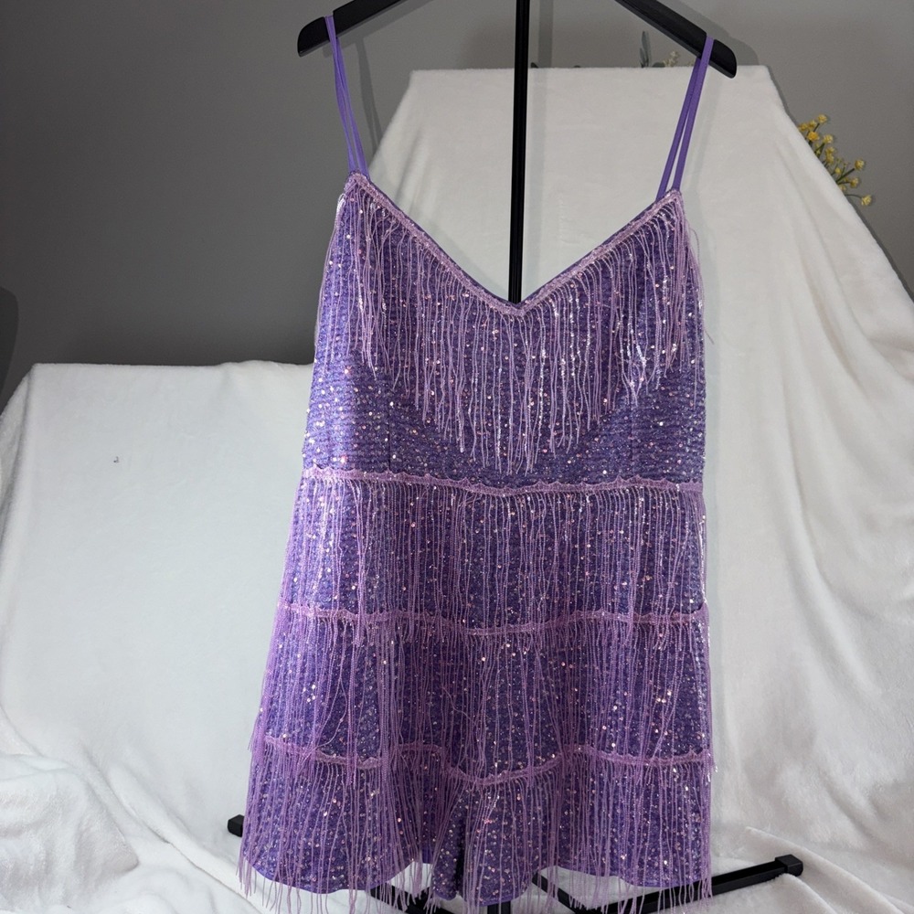 Double Crazy Purple Sequin Cami Romper 4xl Fringe‎ Party Swifty Disco Barbiecore